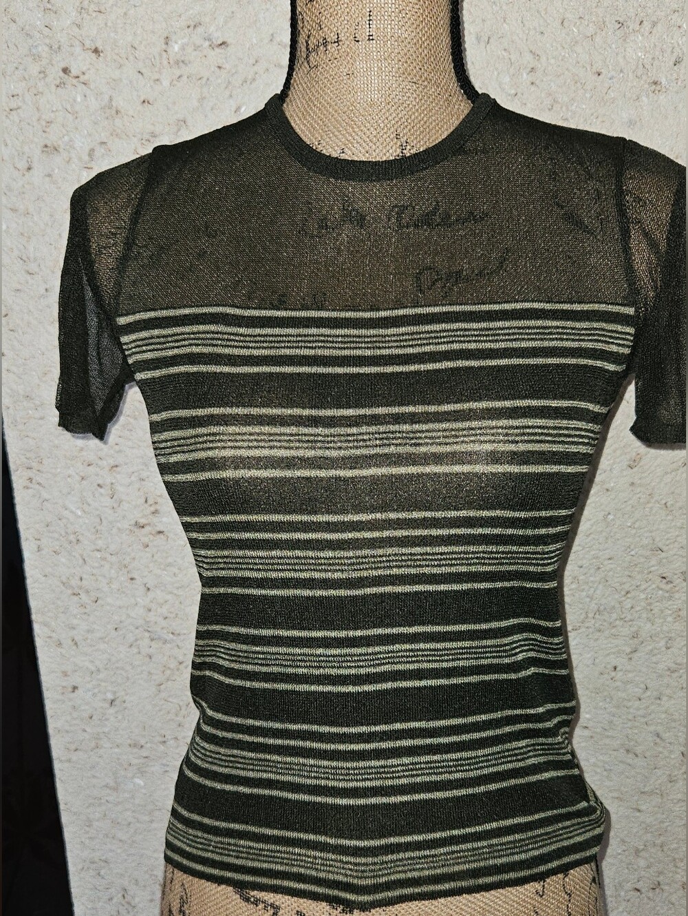 Dana Buchman Black Sheer Short-Sleeve Top with Cream Stripes